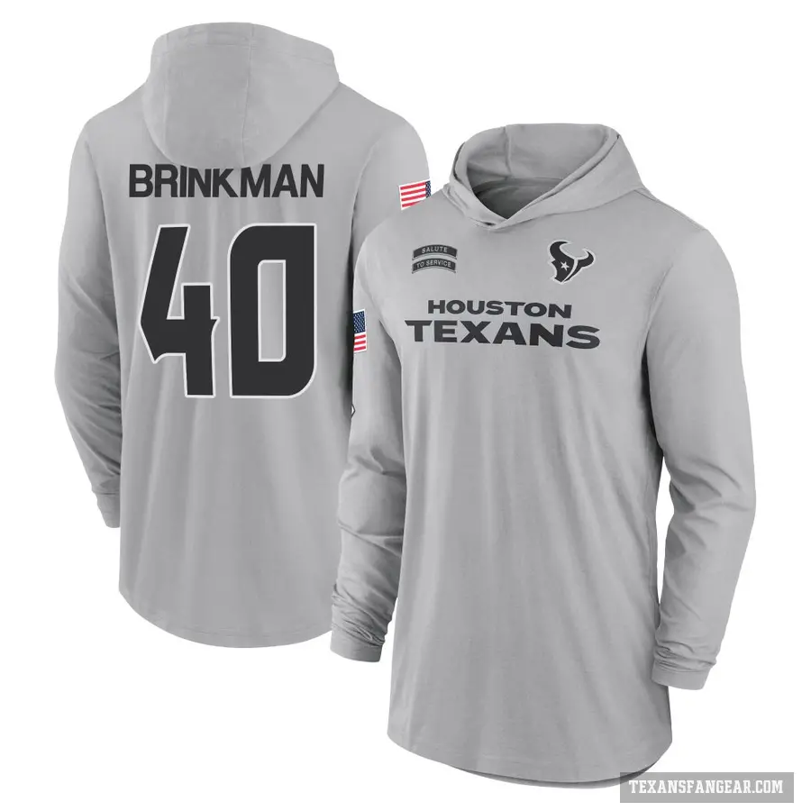 Youth ＃40 Austin Brinkman Houston Texans Gray 2024 Salute to Service Lightweight Performance Long Sleeve Hooded T-Shirt