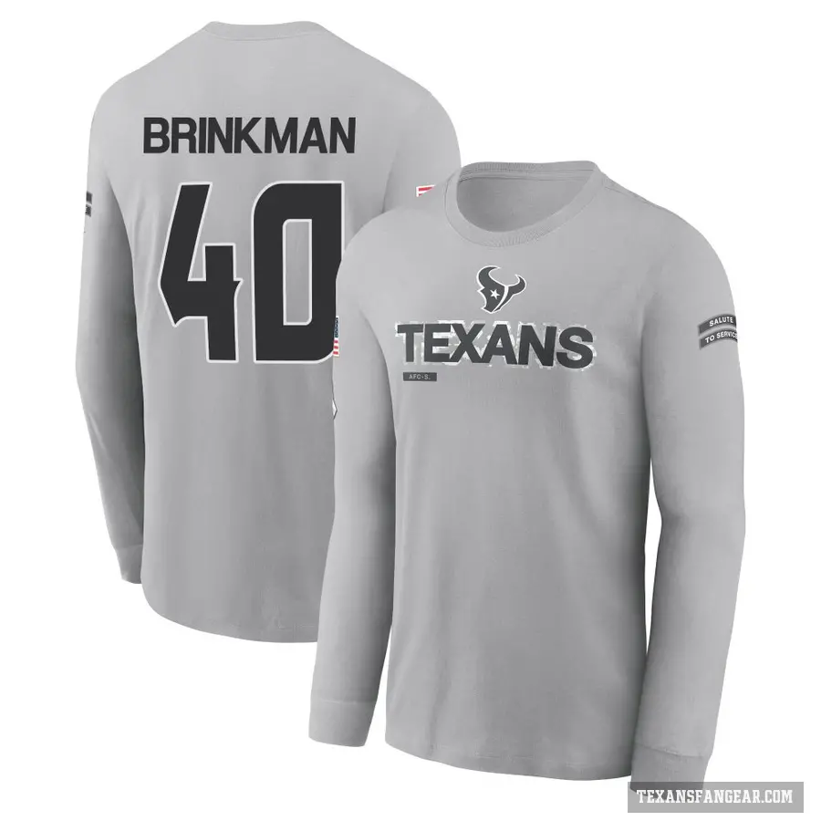 Youth ＃40 Austin Brinkman Houston Texans Gray 2024 Salute to Service Long Sleeve T-Shirt